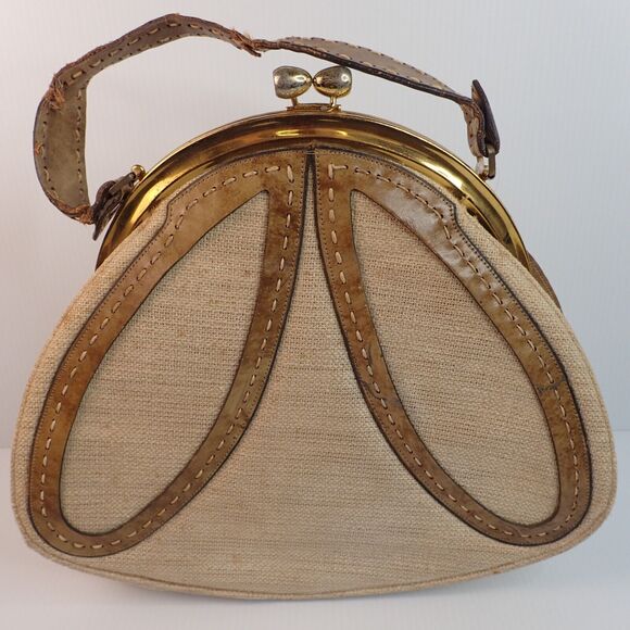 Vintage 60s 70s MAHLER Handmade Leather & Woven Kiss Lock Frame Handbag RARE - Picture 2 of 16